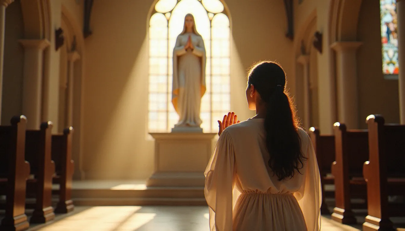 Une femme en prière de consécration à Marie devant une statue de la Vierge dans une chapelle lumineuse, évoquant la dévotion mariale selon saint Louis-Marie de Montfort