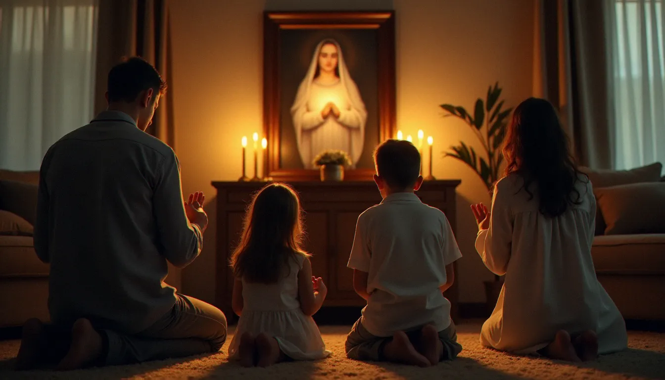 Famille catholique en prière devant un oratoire domestique avec une image du Cœur Immaculé de Marie, illustrant la consécration familiale au Cœur de Marie