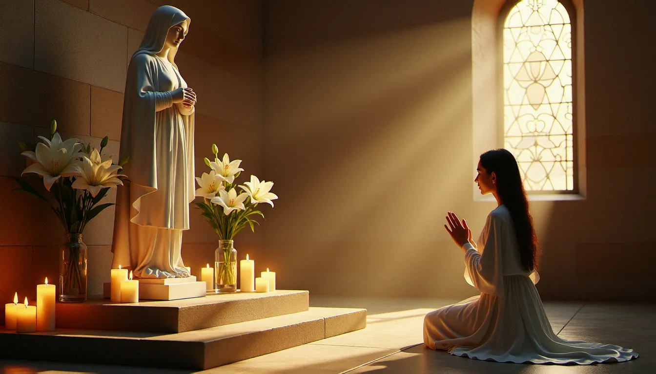 Femme en prière devant une statue du Cœur Immaculé de Marie dans une chapelle éclairée à la bougie, illustrant la consécration au Cœur de Marie