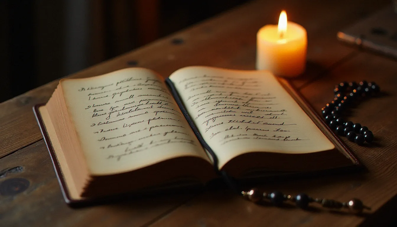 Carnet d'intentions de prière ouvert avec un chapelet posé à côté, éclairage à la bougie sur une table en bois