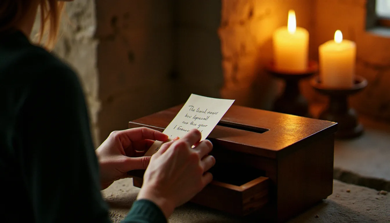 Des mains déposant une intention de prière dans un coffret en bois à l'intérieur d'une chapelle éclairée à la bougie