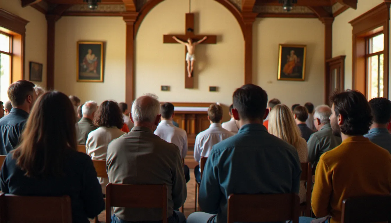 Petit groupe de fidèles réunis en fraternité dans une salle paroissiale, illustrant la vie communautaire d'un foyer sous patronage franciscain