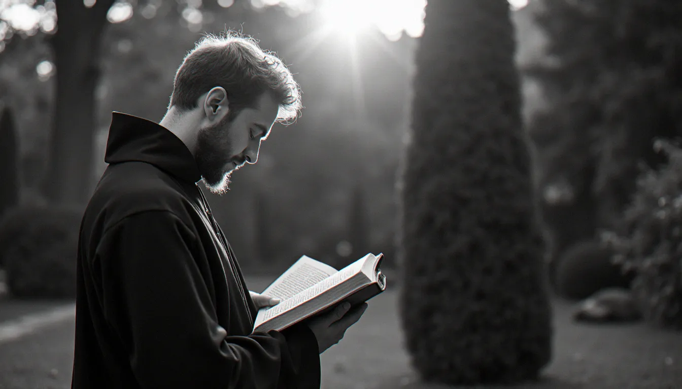 Frère franciscain en habit traditionnel lisant un bréviaire dans un jardin de monastère, en référence à la spiritualité franciscaine qui inspire les foyers Saint Maximilien Kolbe