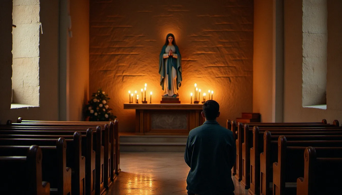 Chapelle franciscaine silencieuse avec statue de la Vierge Immaculée sur un autel de pierre, évoquant la spiritualité du foyer Saint Maximilien Kolbe