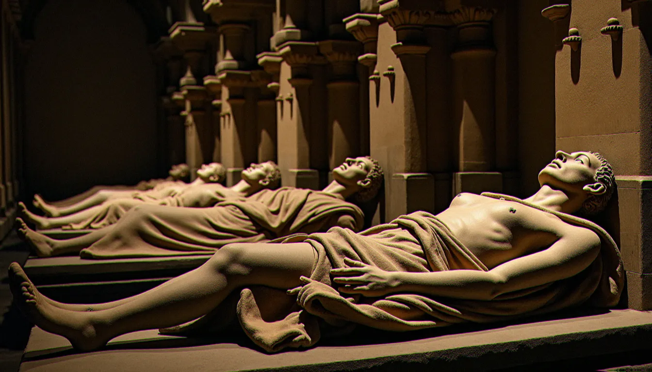 Gisants et tombeaux royaux dans la nécropole de la Basilique Saint-Denis, sculptures médiévales en pierre représentant les rois de France dans leur dernière demeure
