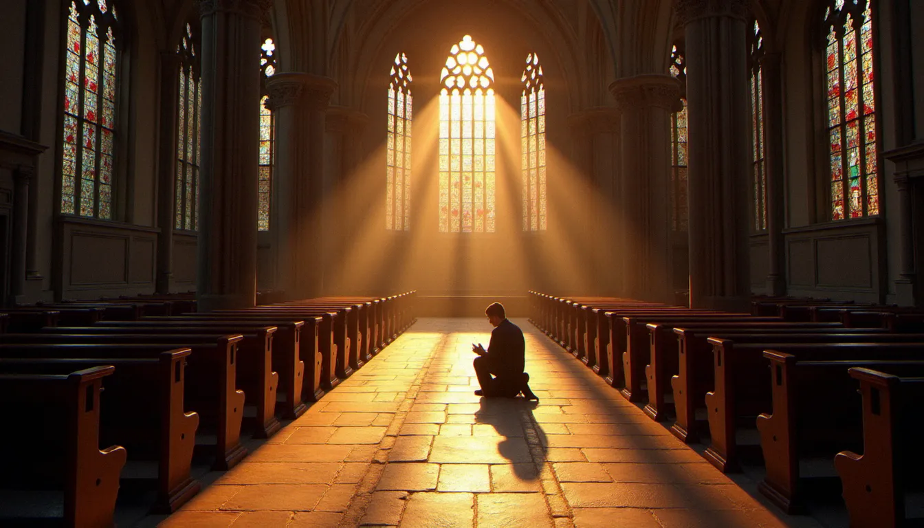 Intérieur de la Basilique cathédrale de Saint-Denis baigné de lumière colorée des vitraux gothiques, avec un fidèle en prière dans la nef — lieu de l'horaire de la prière à Saint-Denis
