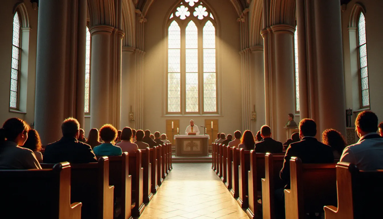 Célébration d'une messe en semaine dans une grande église gothique, fidèles recueillis et prêtre à l'autel lors d'un office matinal