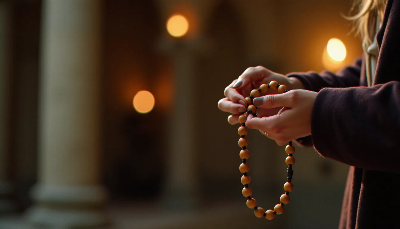 Mains tenant un chapelet en bois lors d'une dévotion mariale dans la pénombre d'une église en pierre, symbole des pratiques de prière à Saint-Denis