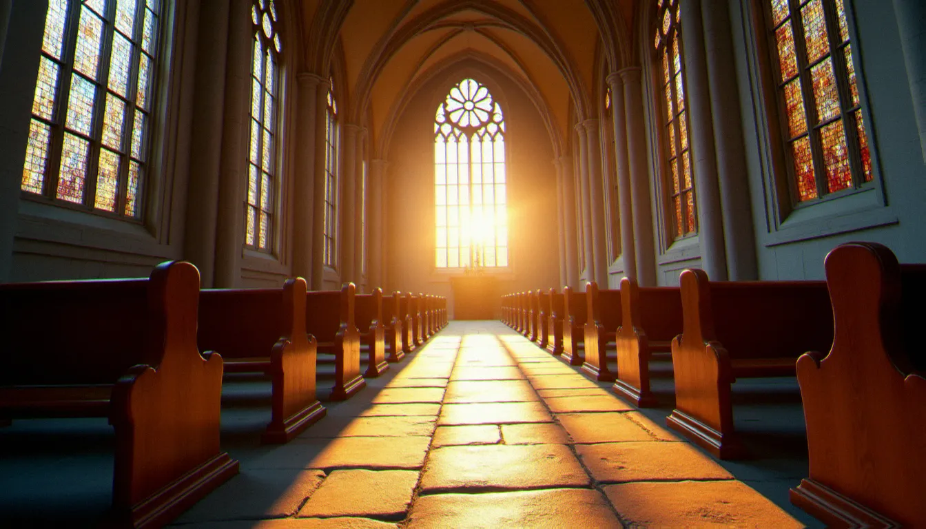 Intérieur de la basilique cathédrale de Saint-Denis avec ses vitraux gothiques et ses travées illuminées, cadre des horaires de prière à St Denis
