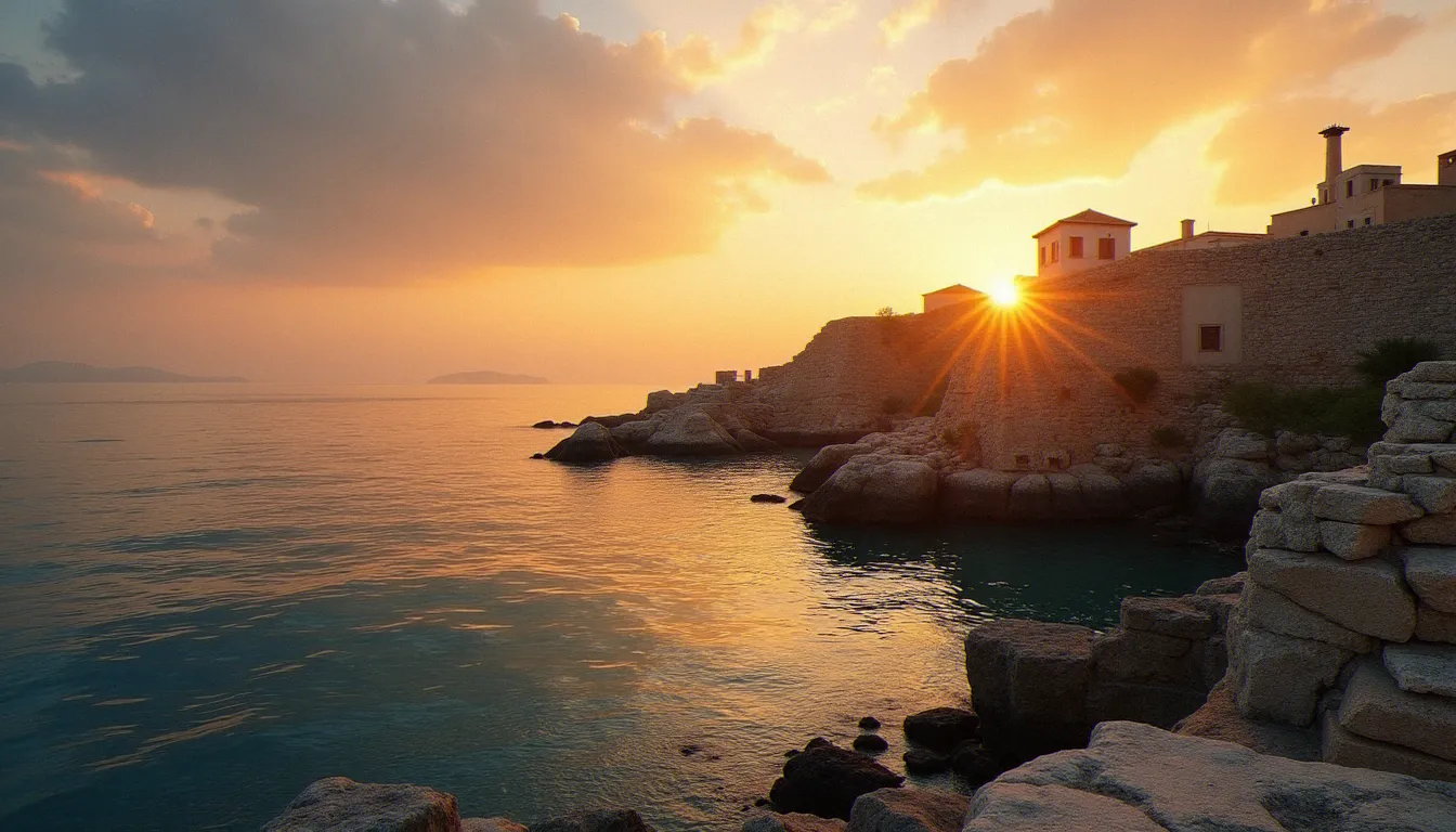 Vue du port antique d'Ostie au crépuscule, lieu où sainte Monique mourut en 387 après avoir partagé la vision mystique avec son fils Augustin