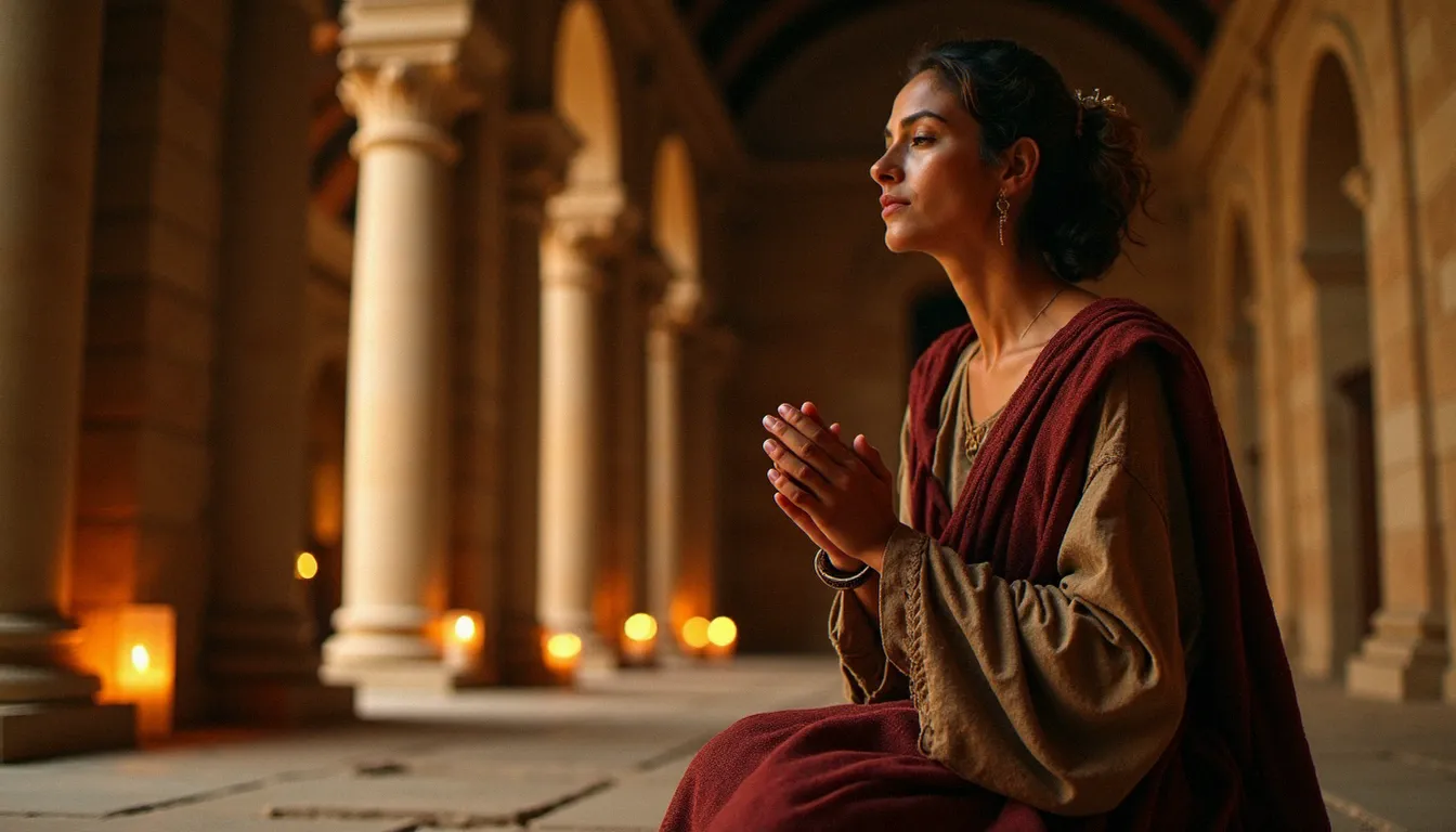 Femme priante dans une basilique paléochrétienne, évoquant la vie de sainte Monique et sa prière persévérante