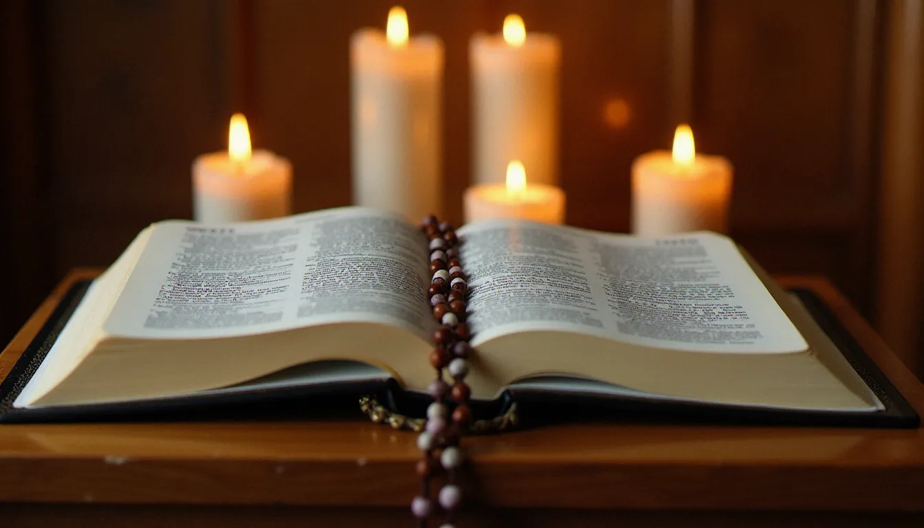 Bible ouverte sur l'Évangile de Jean posée sur un lutrin d'église, éclairée à la lumière des cierges, évoquant la Parole du Christ qui se manifeste dans l'assemblée
