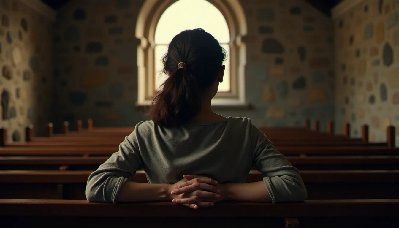 Personne en prière silencieuse dans une chapelle en pierre, mains jointes, dans une attitude contemplative d'accueil de la présence du Christ