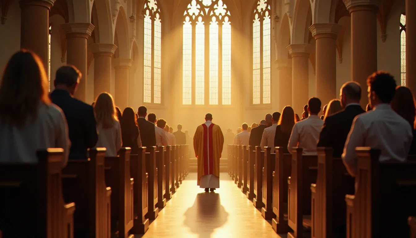 Procession d'entrée dans une église catholique baignée de lumière, illustrant l'annonce 