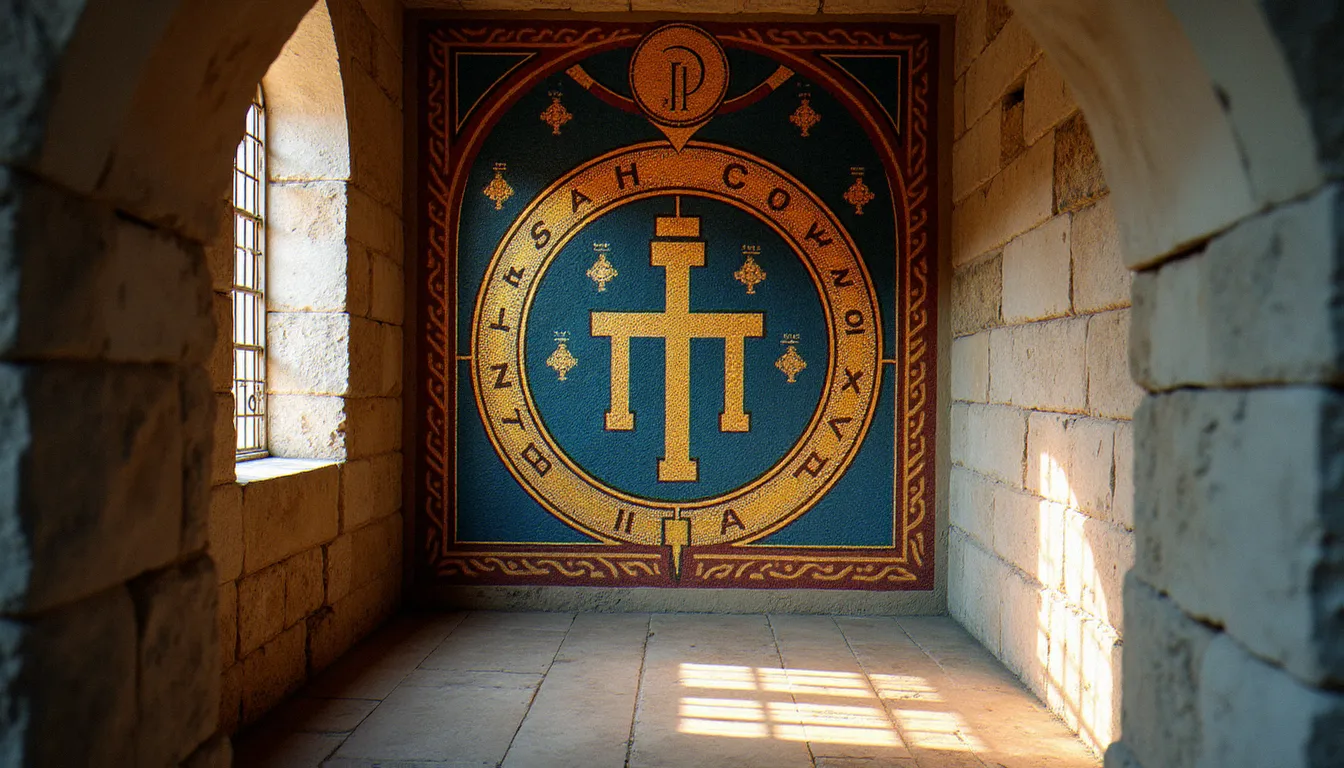 Mosaïque byzantine dorée représentant le monogramme IHS dans une église ancienne, symbole du nom de Jésus dans la tradition chrétienne