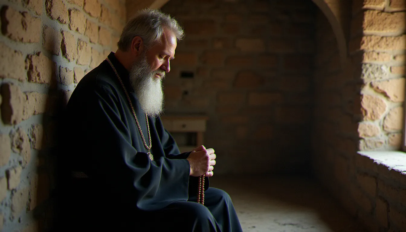 Moine orthodoxe en prière contemplative dans une cellule monastique, pratiquant la Prière de Jésus avec un chapelet