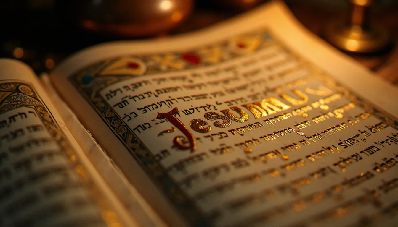 Manuscrit enluminé ancien sur parchemin avec le nom de Jésus écrit en caractères hébraïques, éclairé à la bougie