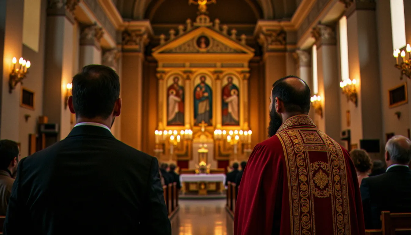 Un prêtre melkite célébrant la liturgie divine devant l'iconostase dans une église du Proche-Orient, entouré de fidèles de tous âges