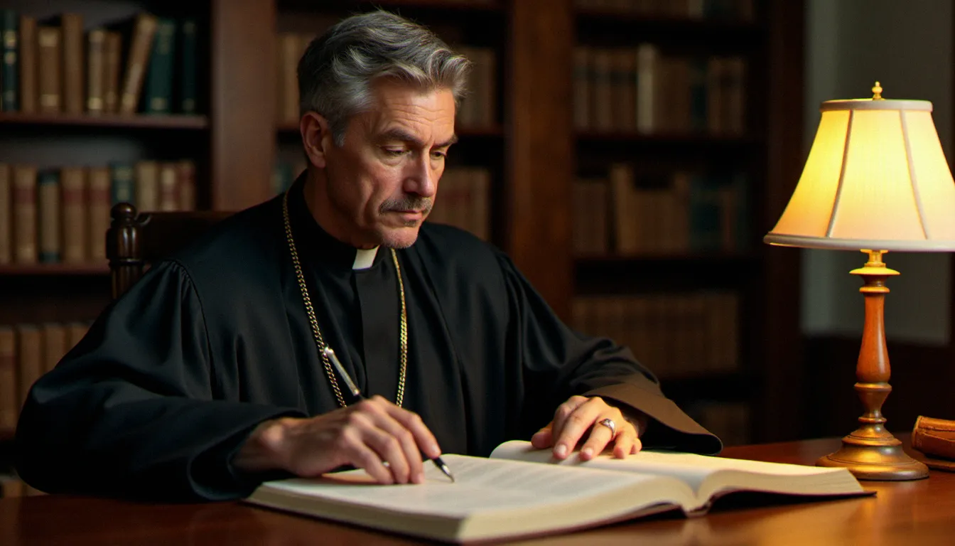 Un prêtre marié à son bureau de travail, alliance au doigt et Bible ouverte devant lui, symbolisant la double vocation conjugale et sacerdotale