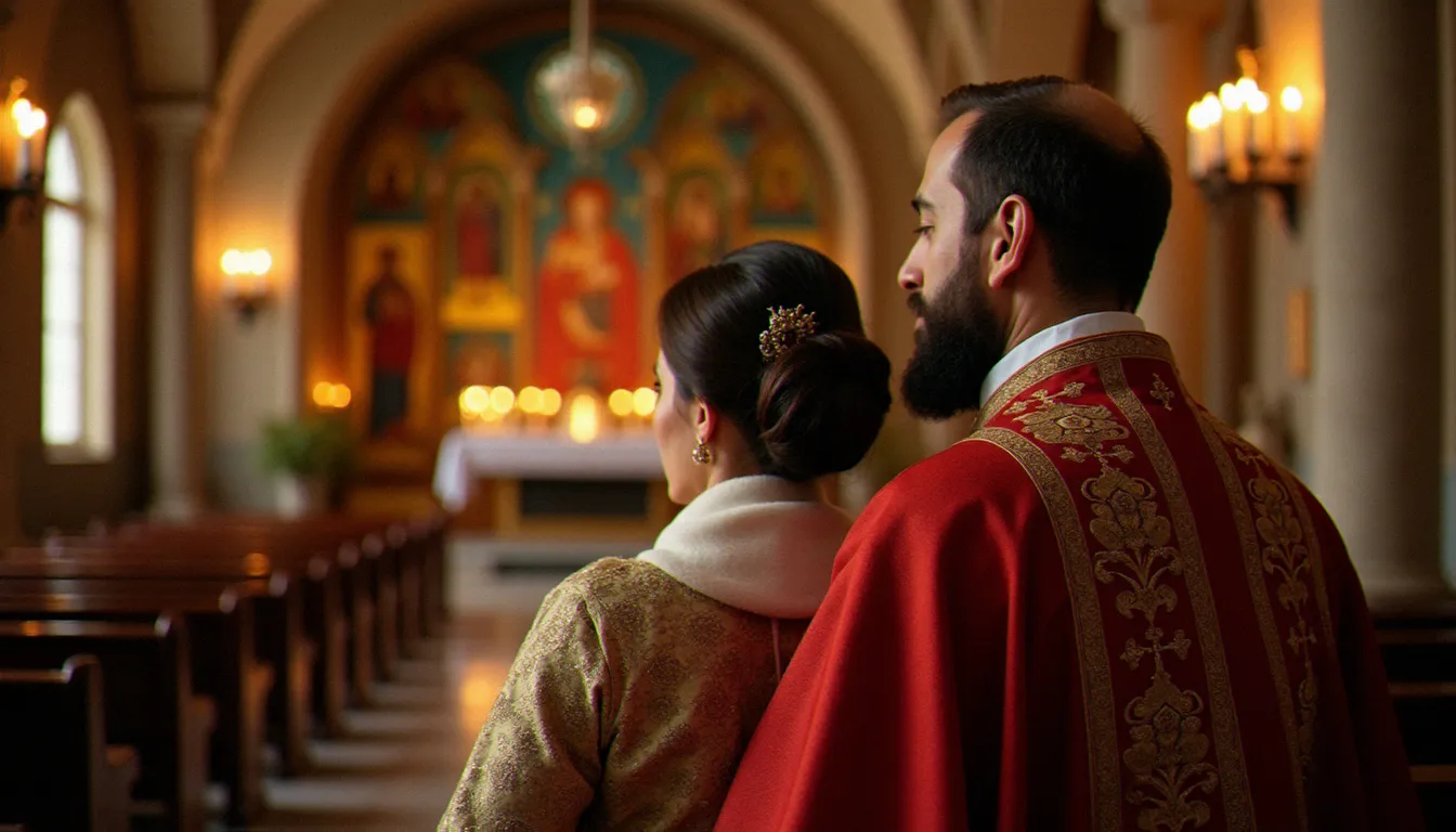 Un prêtre marié de rite oriental en vêtements liturgiques, aux côtés de son épouse, dans une église byzantine éclairée à la bougie — illustration du thème du prêtre marié dans l'Église catholique
