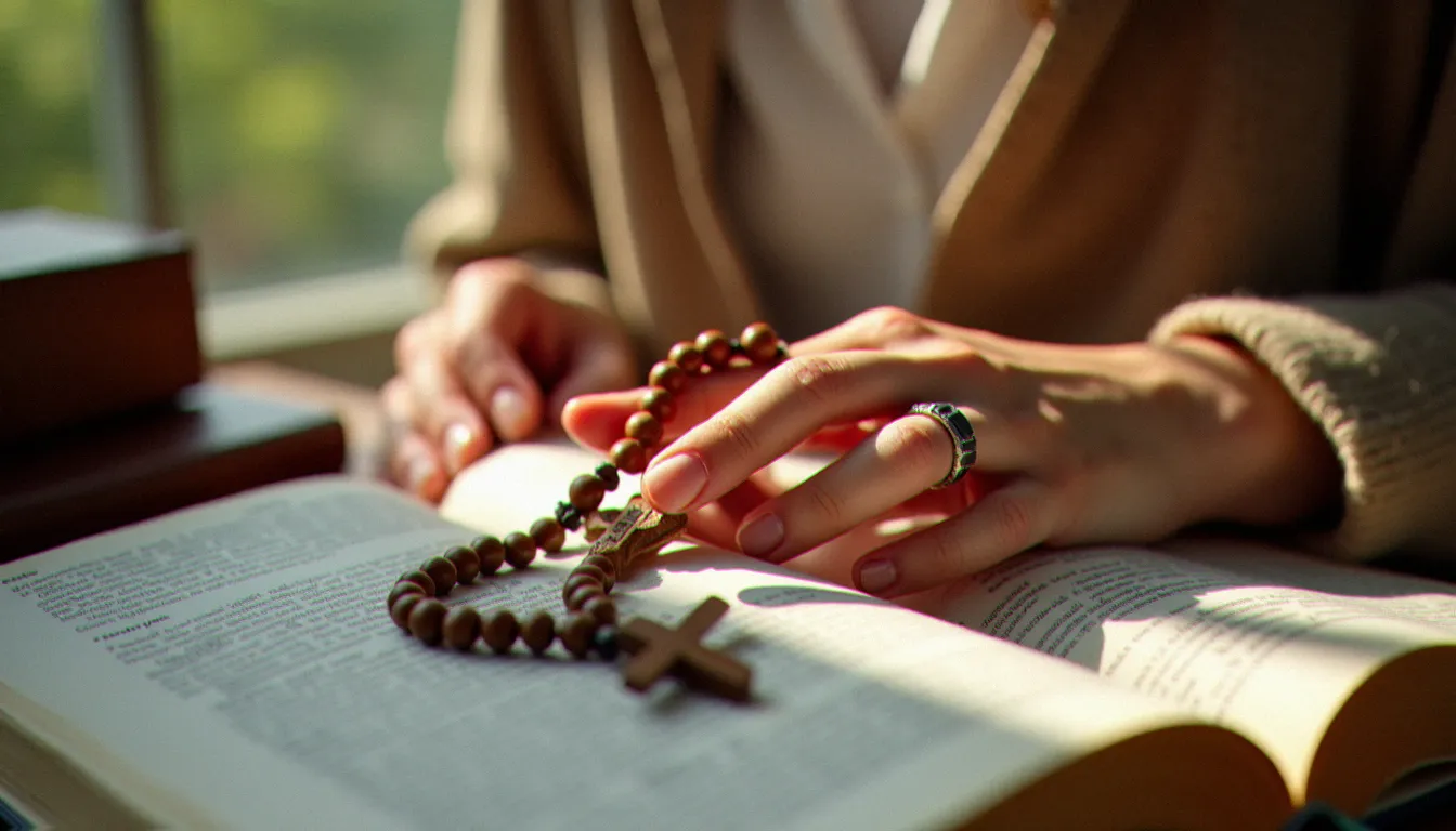 Mains tenant un chapelet en bois posé sur une Bible ouverte, symbole de la prière et du jeûne recommandés par la Reine de la Paix à Medjugorje