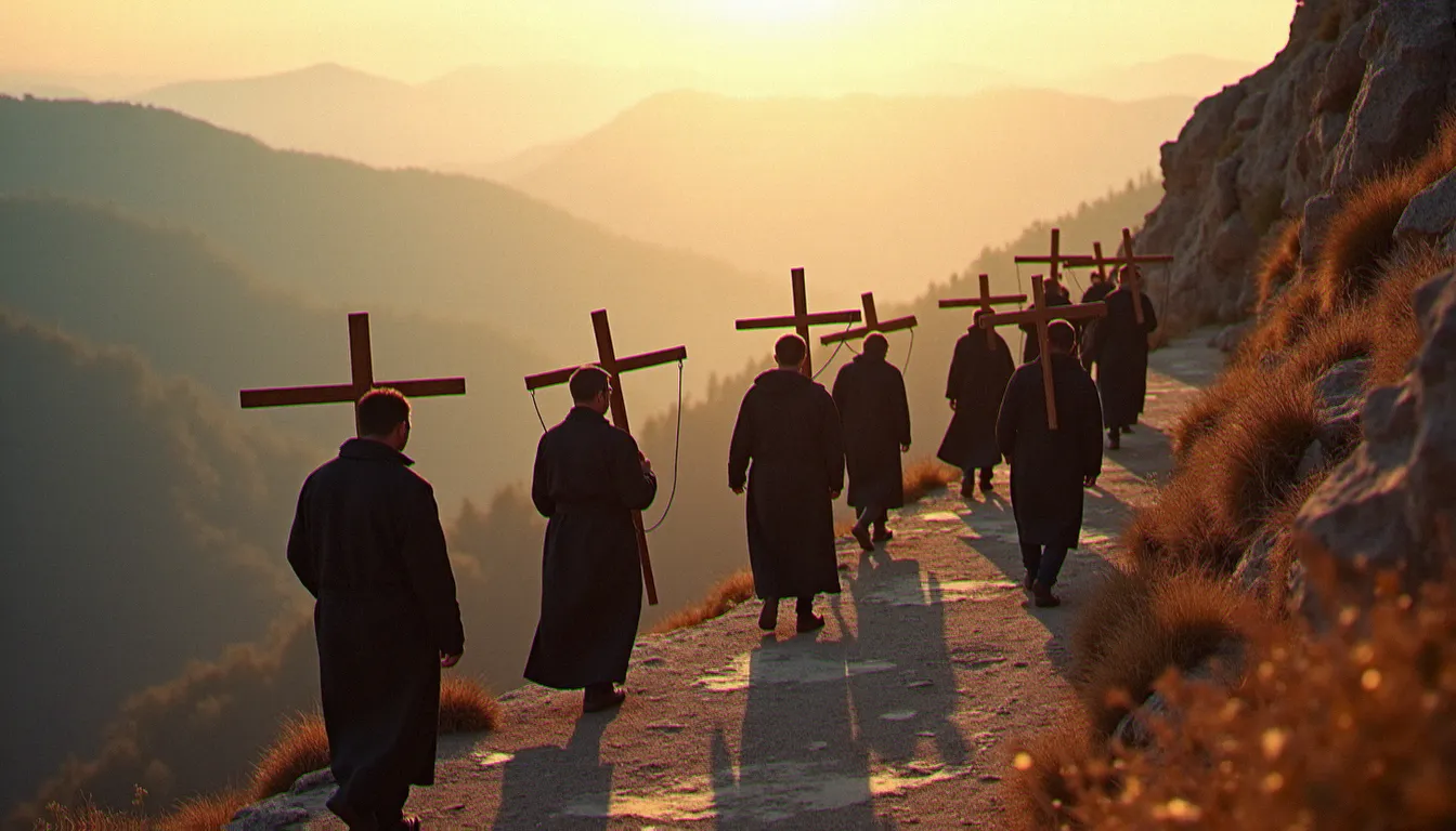 Groupe de pèlerins en prière sur la colline de Podbrdo à Medjugorje, lieu des premières apparitions de Marie Reine de la Paix en 1981