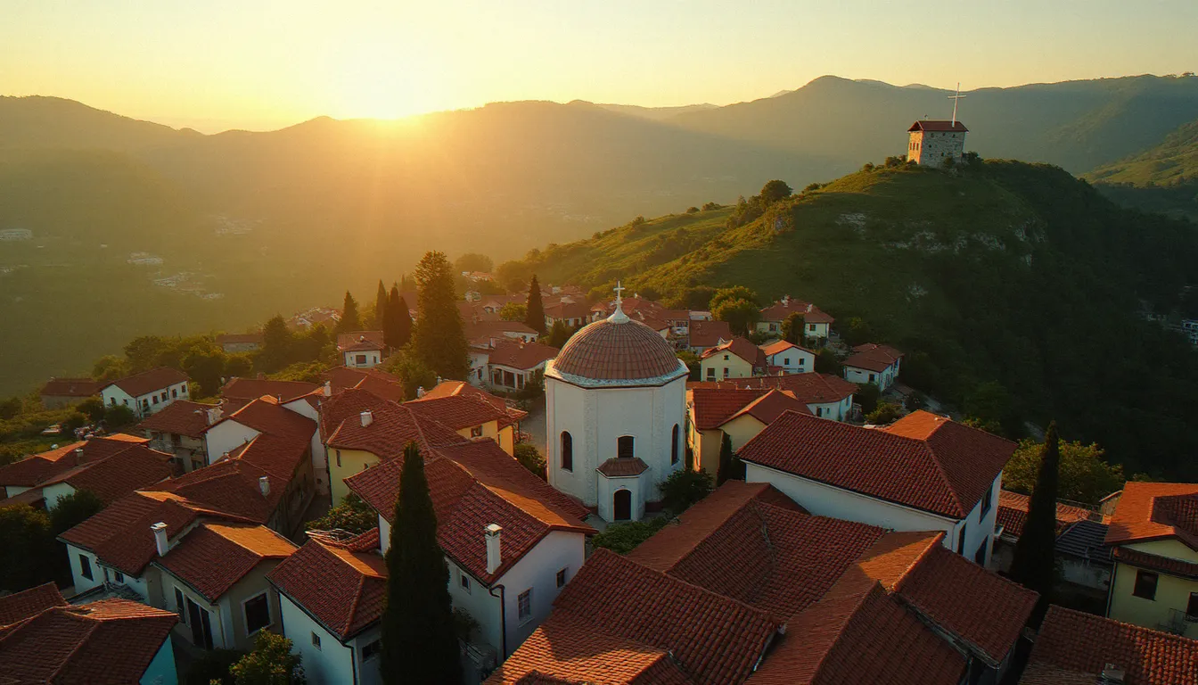 Vue aérienne du village de Medjugorje en Bosnie-Herzégovine avec l'église Saint-Jacques, lieu des apparitions de Marie Reine de la Paix