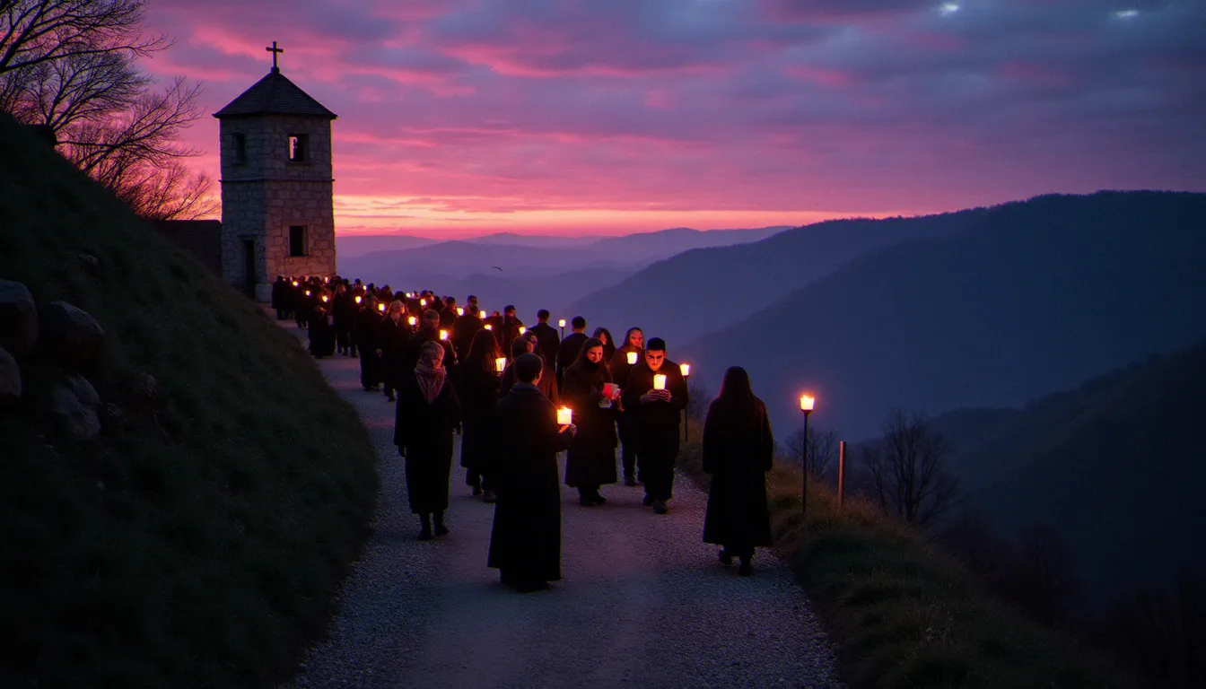 Pèlerins en procession nocturne à la bougie sur le chemin d'un sanctuaire marial, évoquant la dévotion à Marie Reine de la Paix à Medjugorje