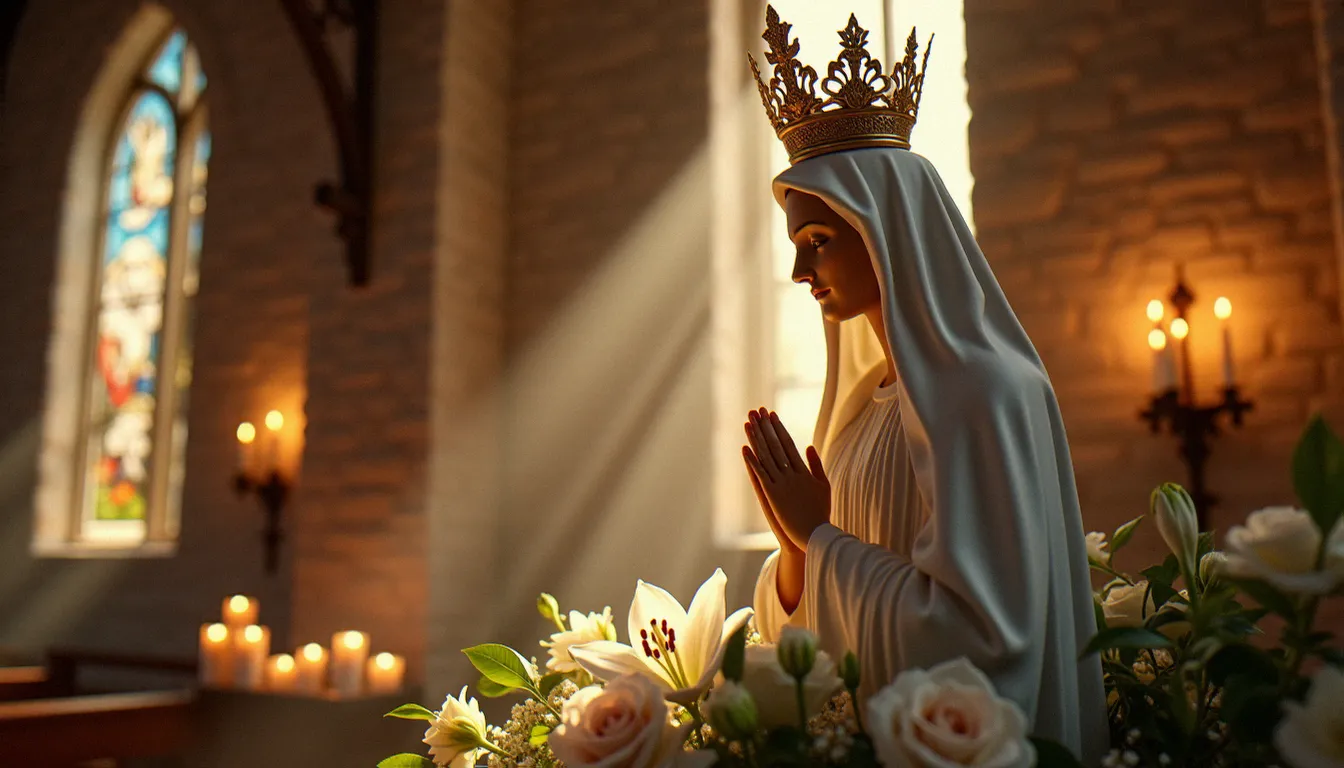 Statue de Marie Reine de la Paix couronnée d'or dans une chapelle éclairée de bougies, symbole de la dévotion aux prières à Marie Reine de la Paix