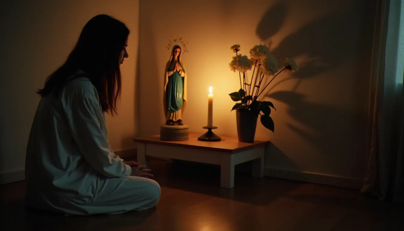 Personne en prière devant un autel marial domestique avec bougie et statue de la Vierge, pratique quotidienne de la dévotion à Marie Reine des Cœurs