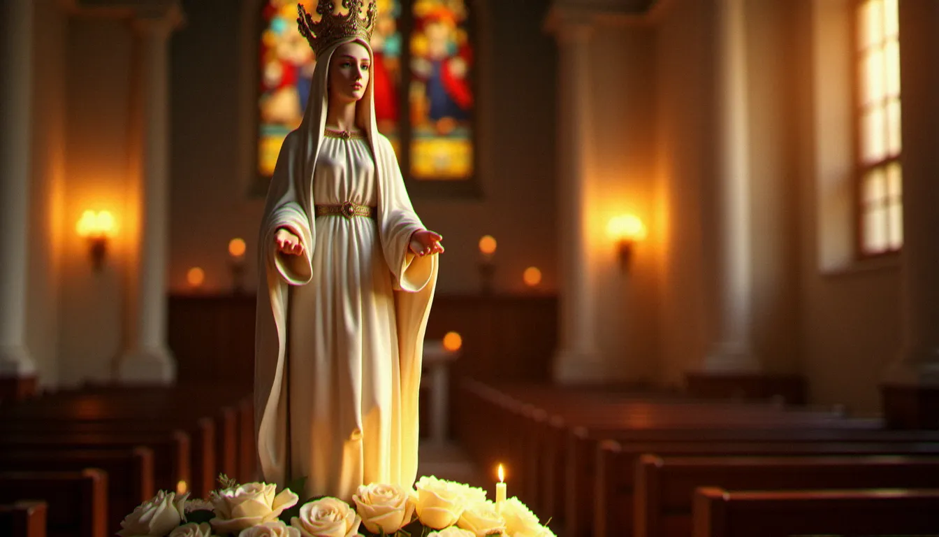 Statue de la Vierge Marie couronnée dans une chapelle baignée de lumière dorée, évoquant la prière à Marie Reine des Cœurs