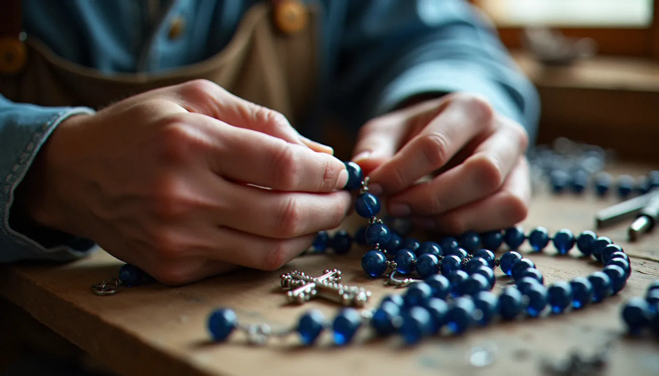 Artisan assembblant un chapelet traditionnel à grains de verre bleu dans un atelier de fabrication d'articles de dévotion mariale