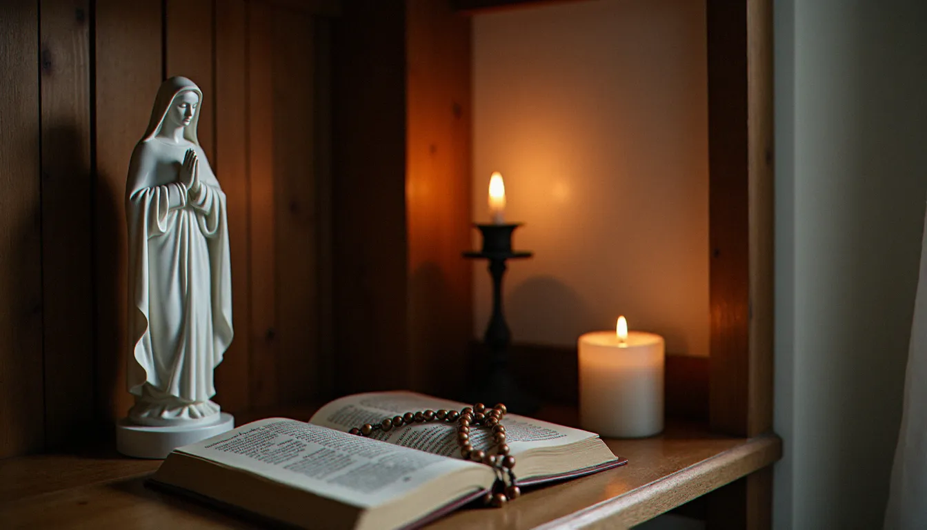 Oratoire domestique avec statue de l'Immaculée Conception, chapelet usé et bougie allumée, espace de prière personnelle à la Vierge Marie