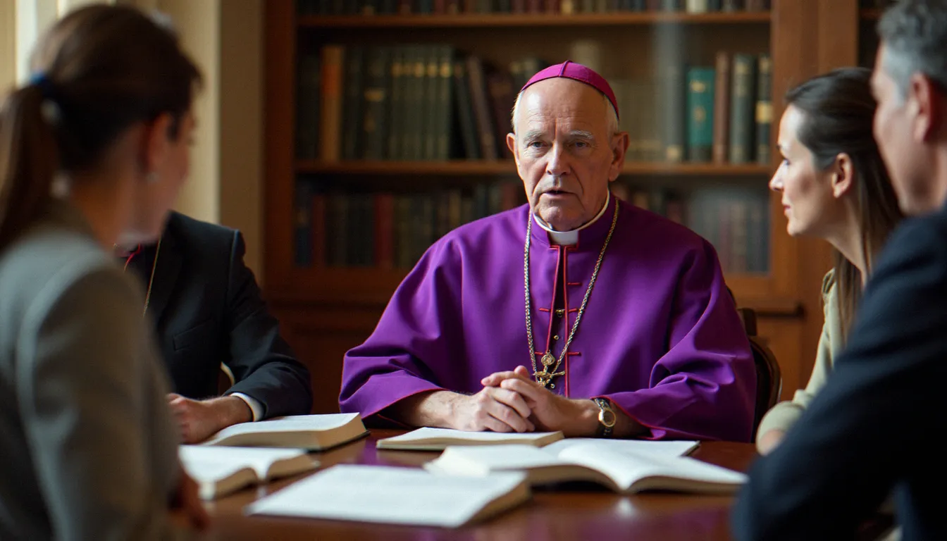 Évêque catholique en dialogue pastoral avec des fidèles dans un bureau diocésain, illustrant l'encadrement ecclésial des communautés et le discernement spirituel