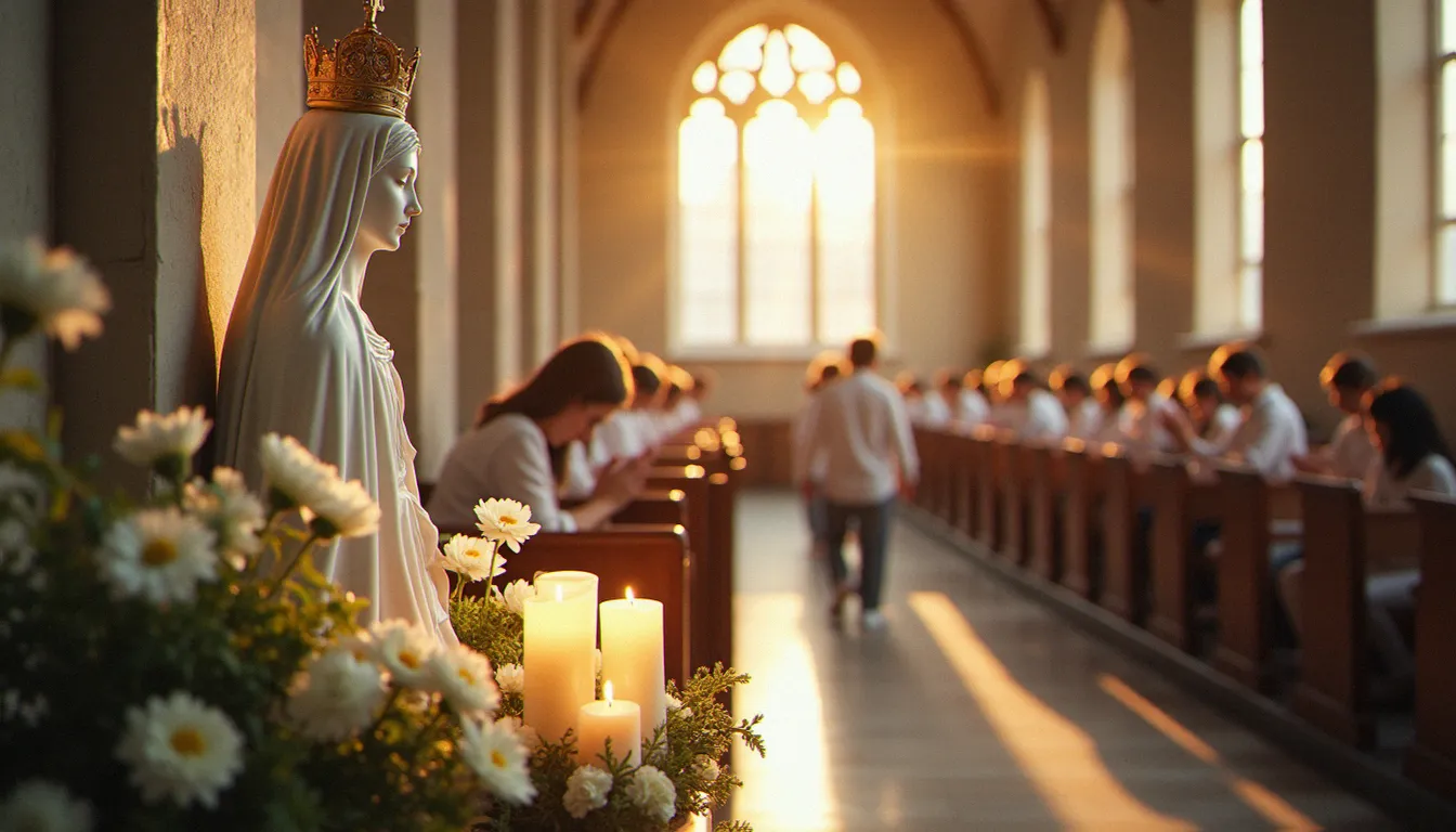 Statue de Marie Reine Immaculée dans une chapelle catholique, entourée de cierges allumés, fidèles en prière — illustration de la dévotion mariale traditionnelle
