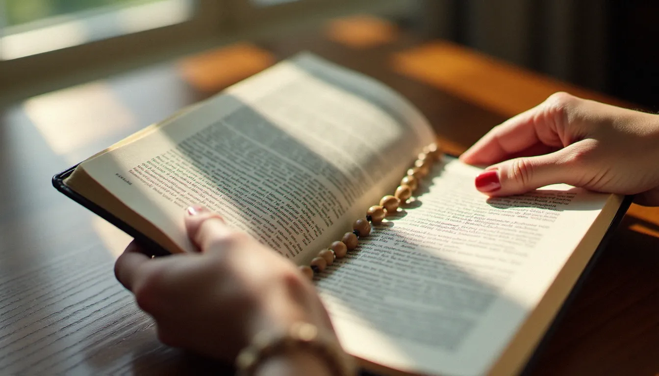 Mains féminines tenant un livre de prières ouvert avec un chapelet posé dessus, illustrant la pratique de la prière à Notre Dame des Victoires