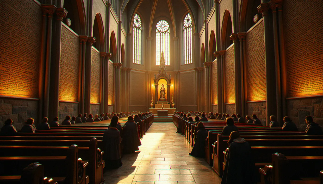 Intérieur d'une basilique catholique française dont les murs sont couverts d'ex-votos, des pèlerins en prière devant un autel marial, témoignant de la dévotion à Notre Dame des Victoires