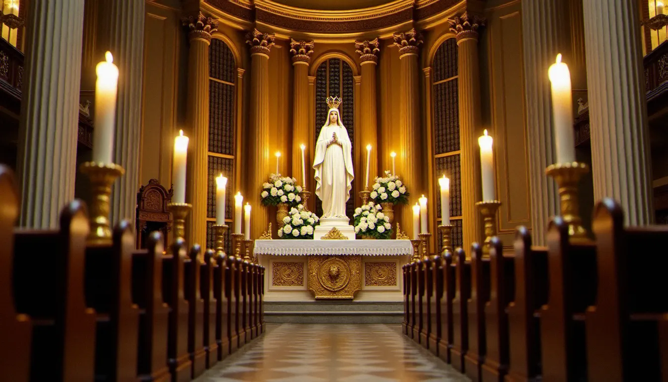 Statue de Notre Dame des Victoires sur un autel baroque illuminé par des bougies, évoquant le lieu de prière et de dévotion mariale