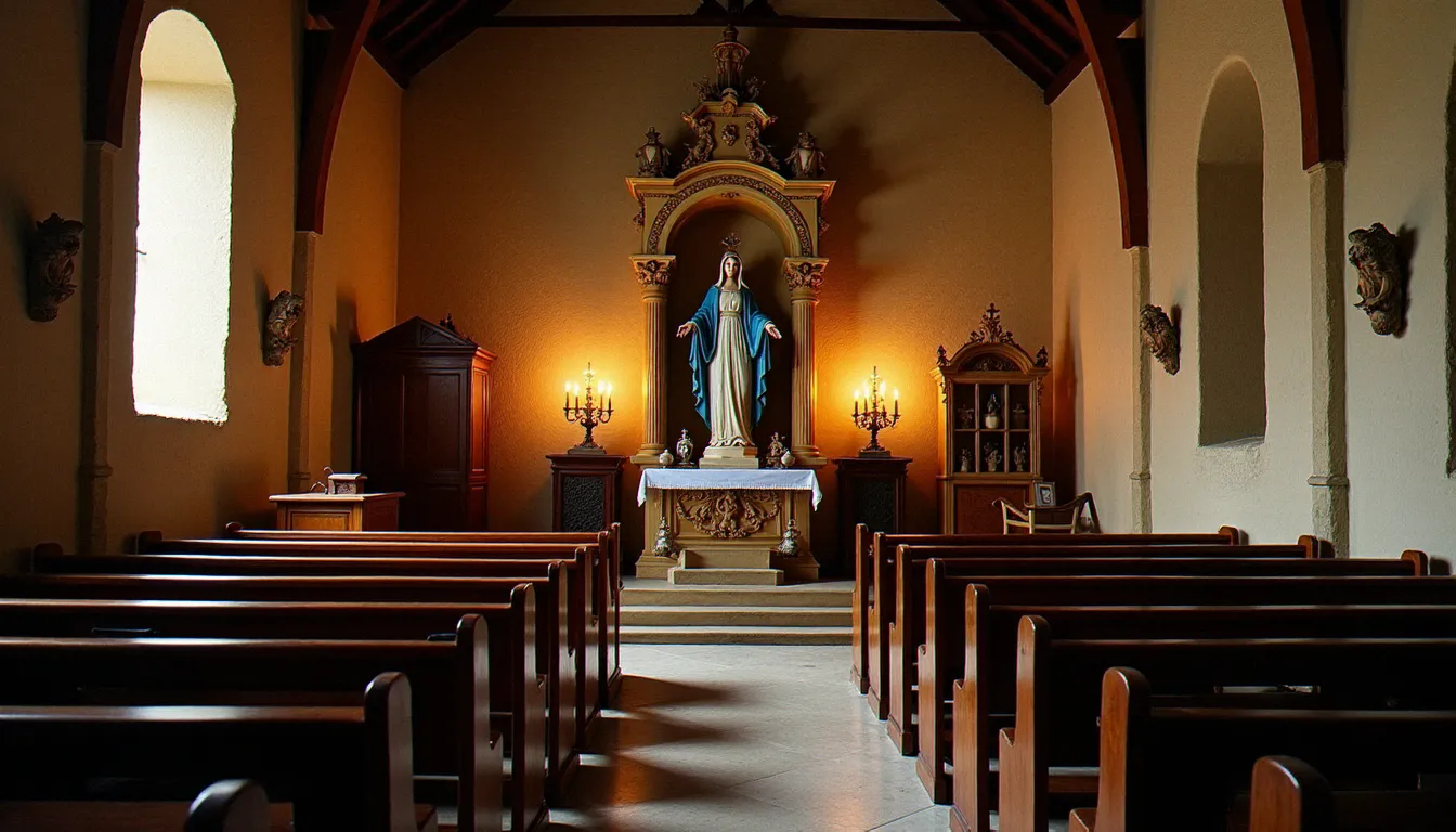 Intérieur d'une chapelle catholique historique avec un autel marial illuminé à la bougie, évoquant la tradition de la dévotion au Cœur Immaculé de Marie