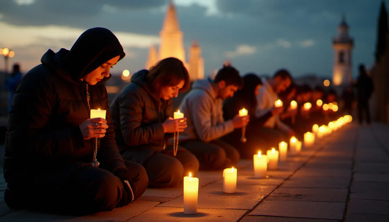 Pèlerins en prière au sanctuaire de Fatima au Portugal, tenant des chapelets et des bougies, lieu emblématique de la dévotion au Cœur Immaculé de Marie