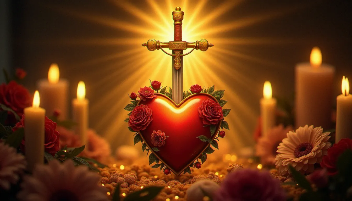 Représentation du Cœur Immaculé de Marie entouré de roses blanches et traversé d'un glaive, symbole central de la page cœur immaculé de Marie dans la dévotion catholique