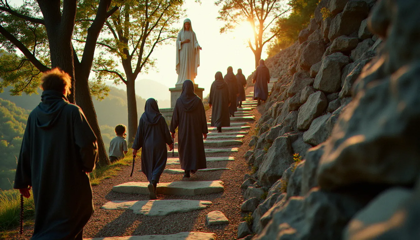 Groupe de pèlerins en prière sur le sentier rocailleux du Podbrdo à Medjugorje, tenant des chapelets, devant une statue de la Vierge Marie