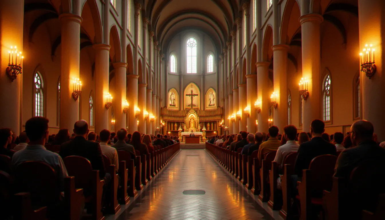 Intérieur de l'église Saint-Jacques de Medjugorje lors d'une messe internationale du soir, avec des centaines de pèlerins de toutes nationalités réunis en prière