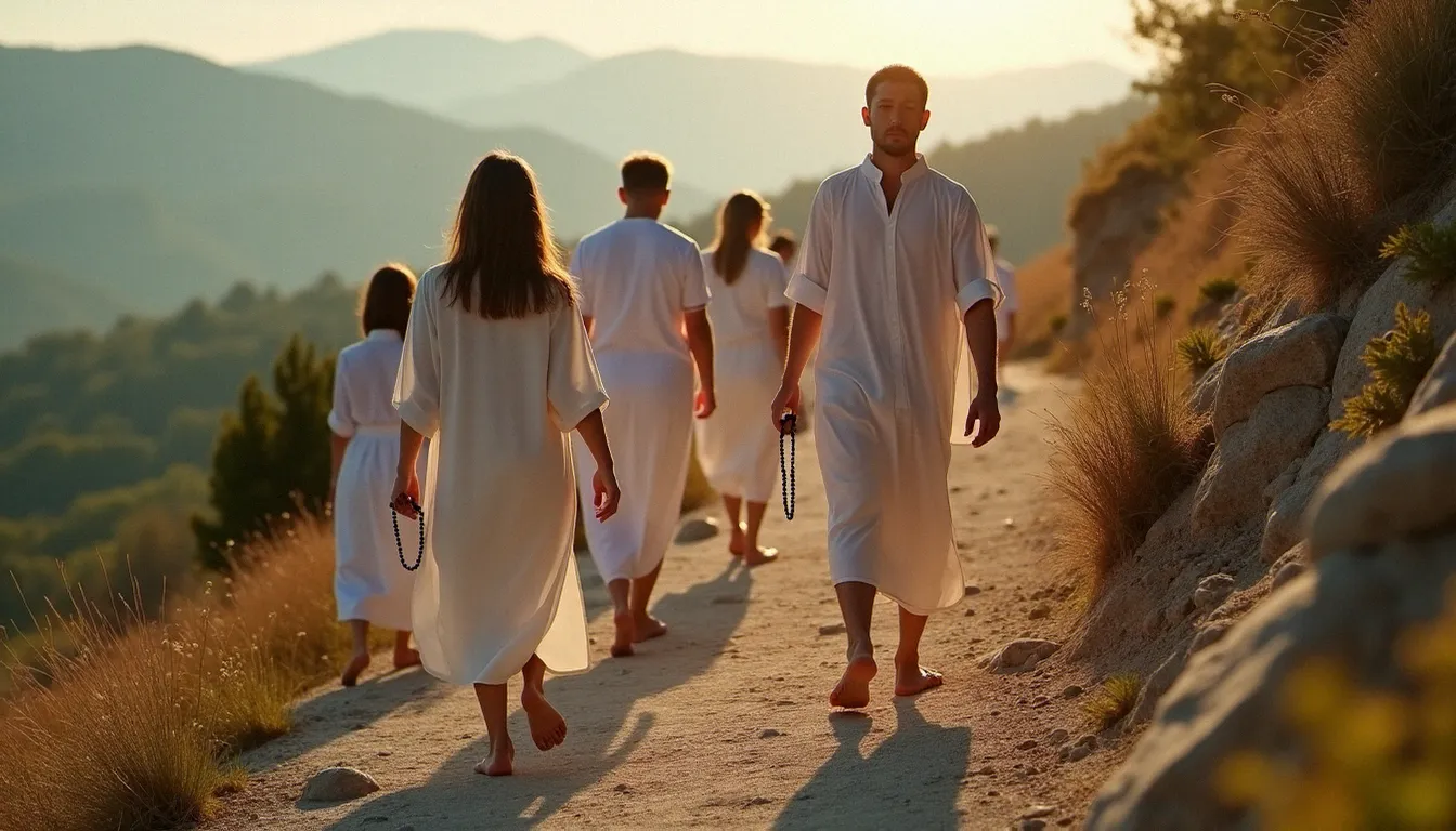Groupe de pèlerins montant pieds nus la colline du Podbrdo à Medjugorje en priant le chapelet