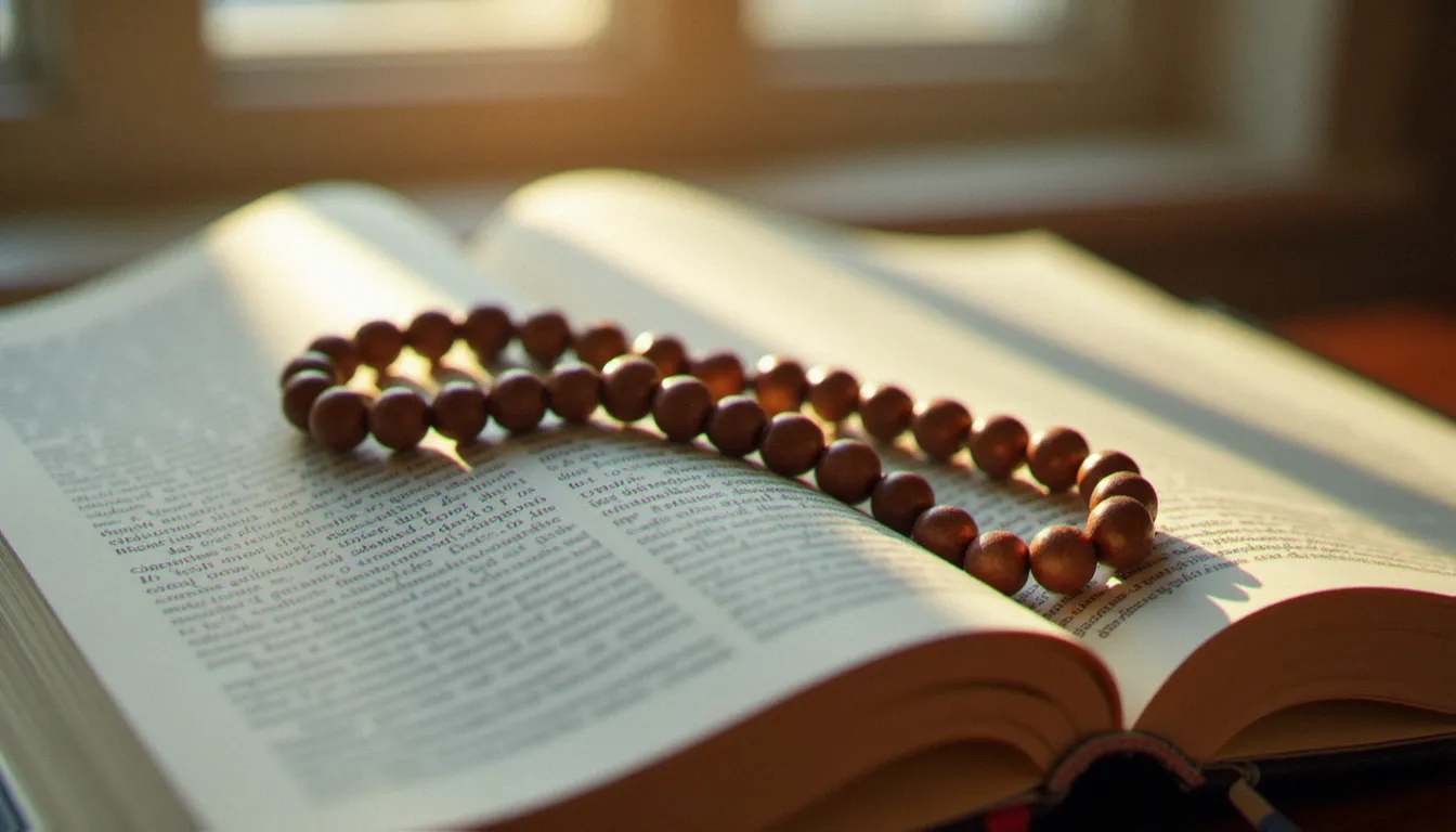 Chapelet en bois posé sur une Bible ouverte, symbole des pratiques de prière recommandées aux pèlerins de Medjugorje