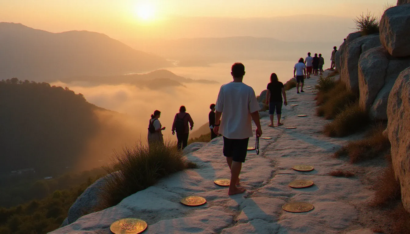 Pèlerins gravissant la colline des Apparitions à Medjugorje à l'aube, certains pieds nus sur les rochers, chapelet en main
