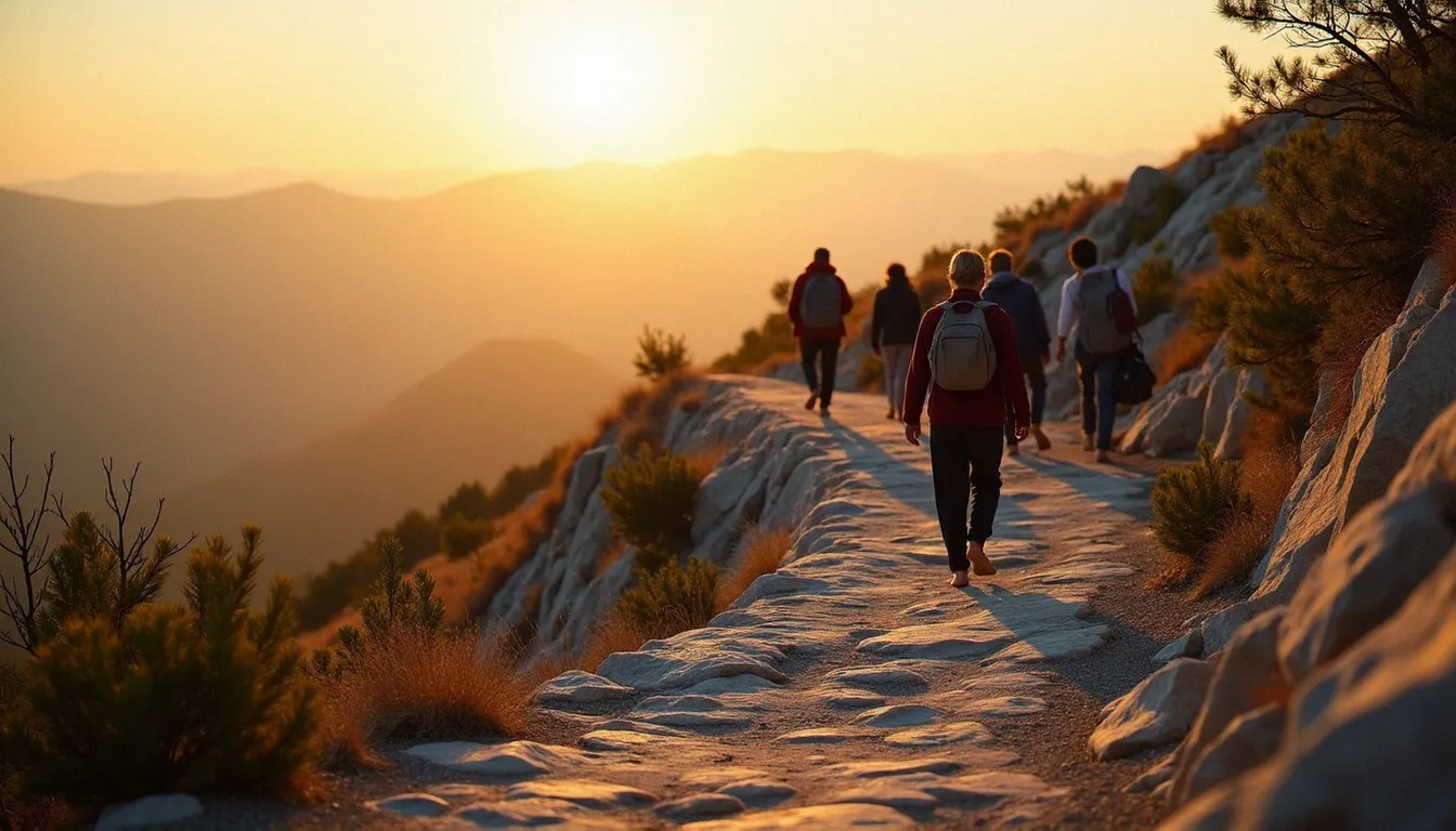 Groupe de pèlerins gravissant pieds nus le sentier pierreux de la Colline des Apparitions à Medjugorje au lever du soleil