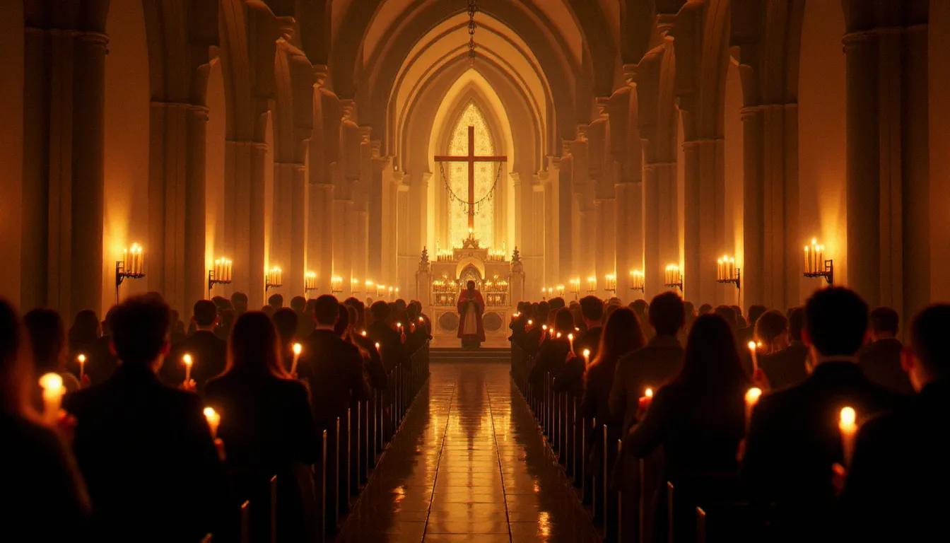 Intérieur de l'église Saint-Jacques à Medjugorje pendant la messe du soir, nef remplie de pèlerins internationaux tenant des bougies dans une atmosphère recueillie