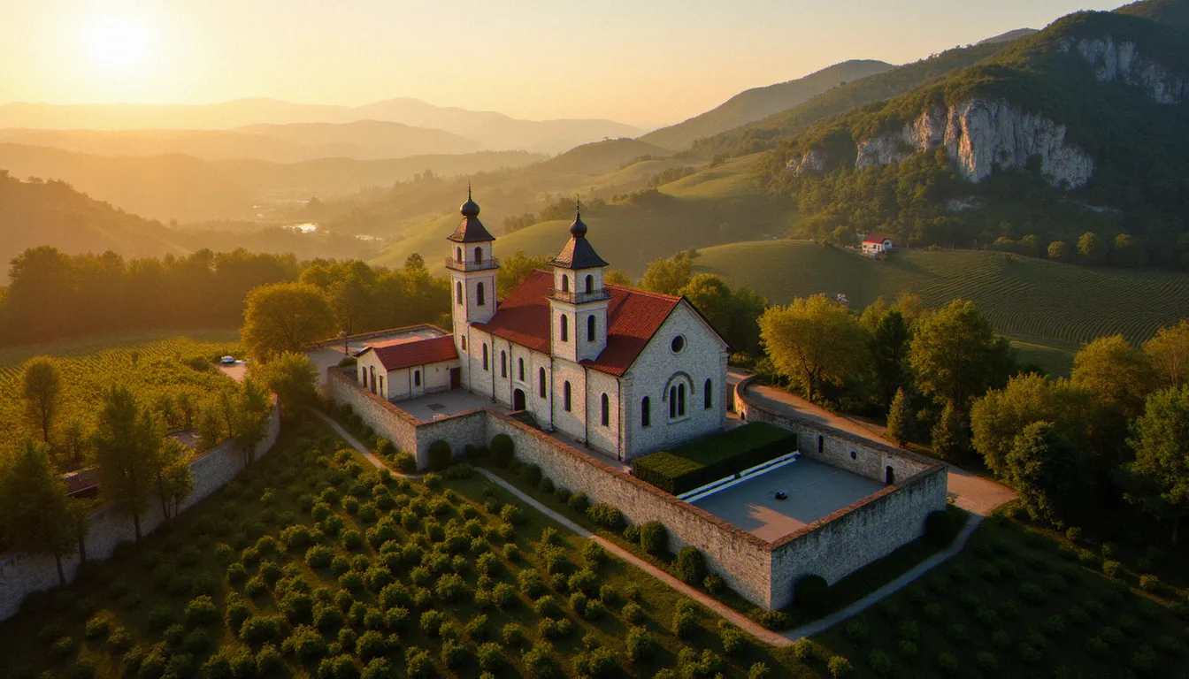 Vue aérienne du village de Medjugorje en Bosnie-Herzégovine avec l'église Saint-Jacques au centre, lieu de pèlerinage entouré de vignes et de collines calcaires