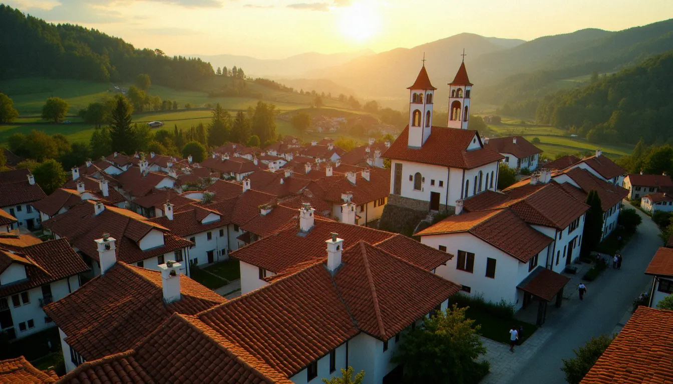 Vue aérienne du village de Medjugorje au coucher du soleil, avec l'église Saint-Jacques et les collines environnantes, lieu de pèlerinage Medjugorje